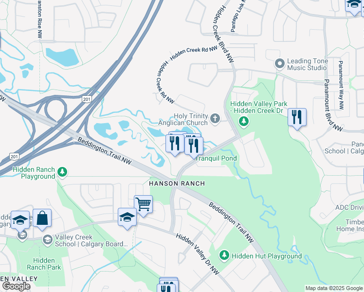map of restaurants, bars, coffee shops, grocery stores, and more near 30 Hidden Creek Place Northwest in Calgary