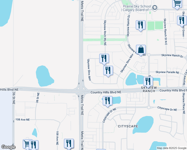 map of restaurants, bars, coffee shops, grocery stores, and more near 71 Skyview Shores Road in Calgary