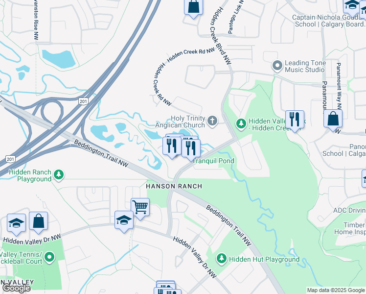 map of restaurants, bars, coffee shops, grocery stores, and more near 30 Hidden Creek Place Northwest in Calgary
