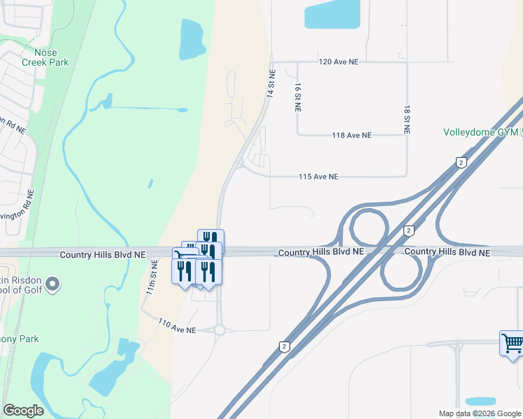 map of restaurants, bars, coffee shops, grocery stores, and more near 11401 15 Street Northeast in Calgary