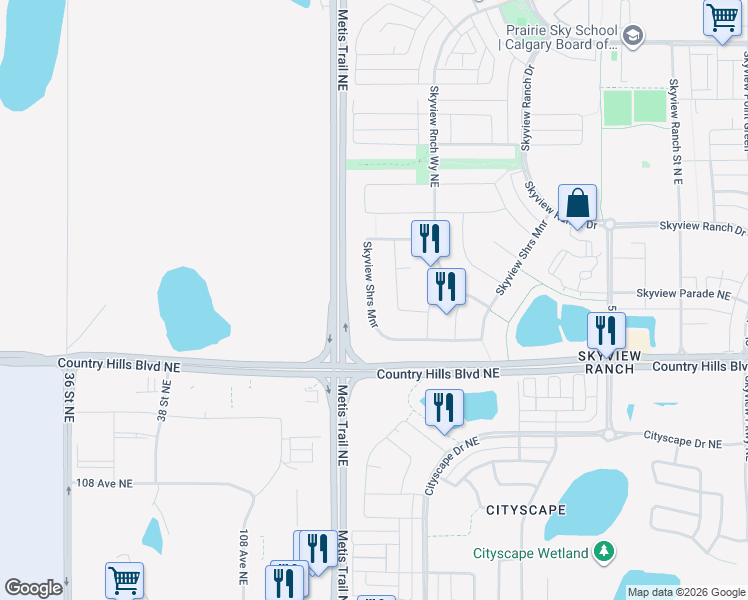 map of restaurants, bars, coffee shops, grocery stores, and more near 339 Skyview Shores Manor Northeast in Calgary