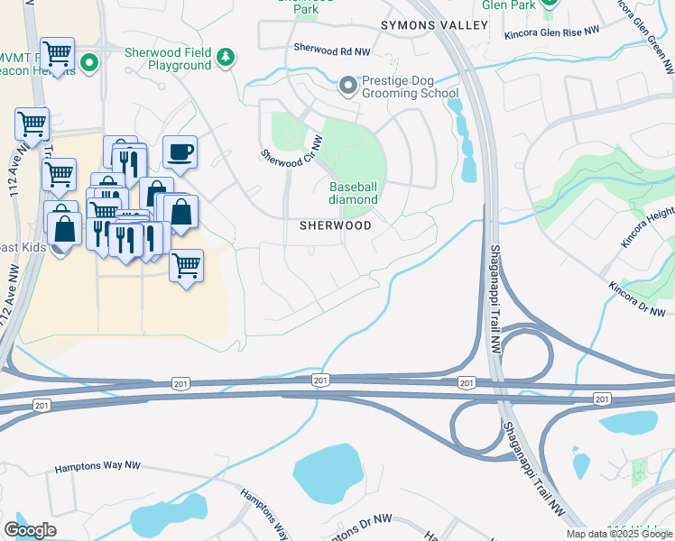 map of restaurants, bars, coffee shops, grocery stores, and more near 14 Sherwood Court Northwest in Calgary