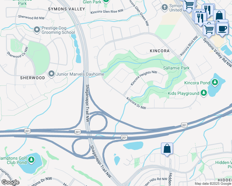map of restaurants, bars, coffee shops, grocery stores, and more near 408 Kincora Drive Northwest in Calgary