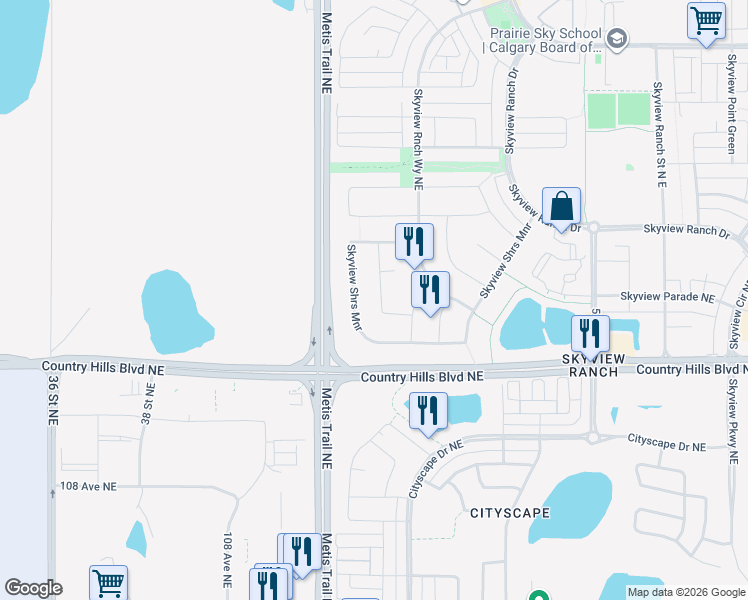map of restaurants, bars, coffee shops, grocery stores, and more near 339 Skyview Shores Manor Northeast in Calgary
