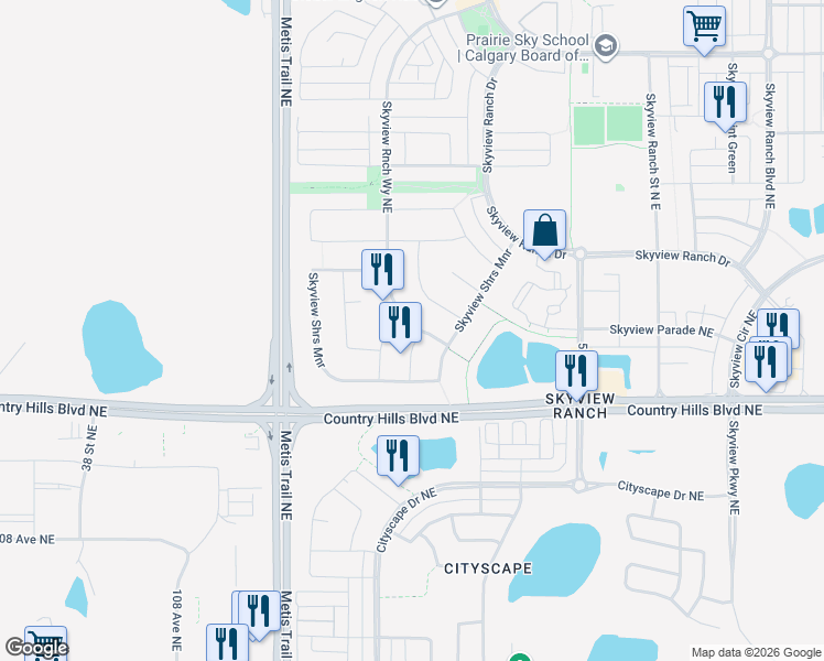 map of restaurants, bars, coffee shops, grocery stores, and more near 7 Skyview Shores Link in Calgary