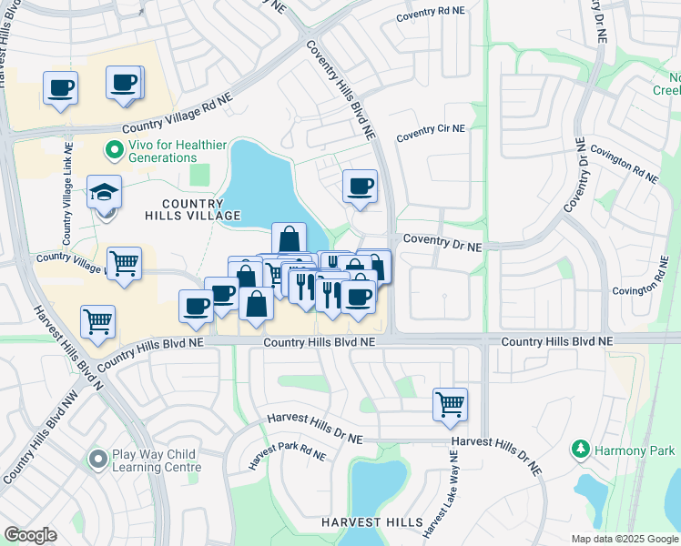 map of restaurants, bars, coffee shops, grocery stores, and more near 16 Country Village Bay Northeast in Calgary