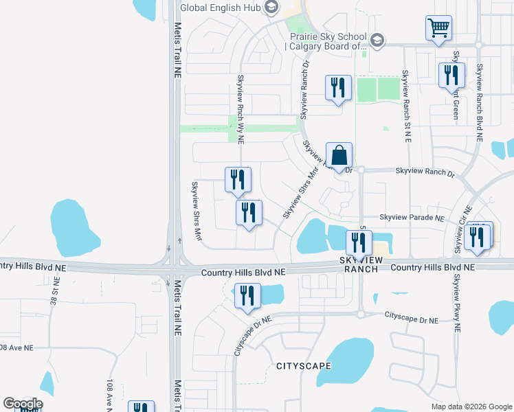 map of restaurants, bars, coffee shops, grocery stores, and more near 7 Skyview Shores Link in Calgary