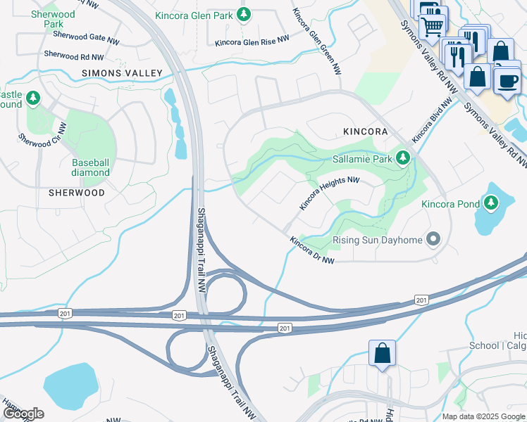 map of restaurants, bars, coffee shops, grocery stores, and more near 425 Kincora Drive Northwest in Calgary