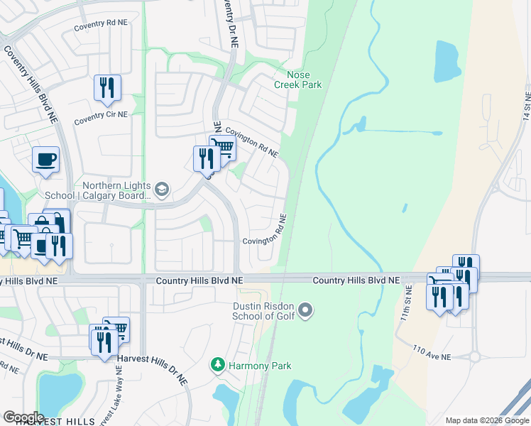 map of restaurants, bars, coffee shops, grocery stores, and more near 216 Covington Place Northeast in Calgary