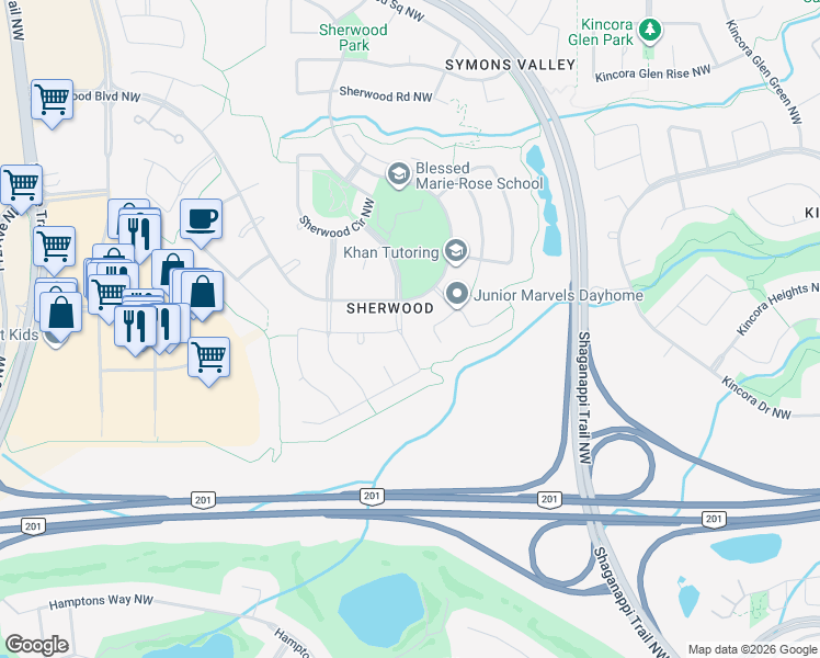 map of restaurants, bars, coffee shops, grocery stores, and more near 1212-1156 Sherwood Boulevard Northwest in Calgary