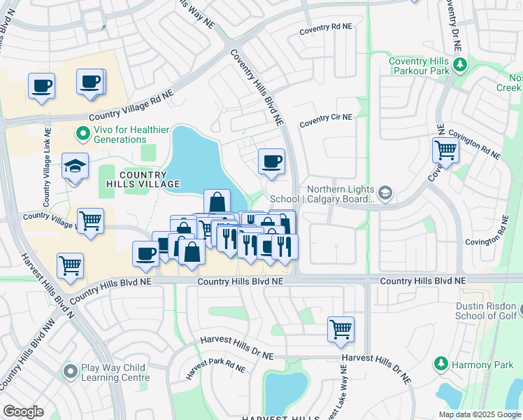 map of restaurants, bars, coffee shops, grocery stores, and more near 14 Country Village Landng Northeast in Calgary