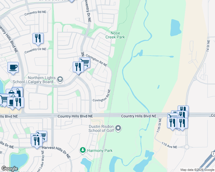 map of restaurants, bars, coffee shops, grocery stores, and more near 36 Covington Rise Northeast in Calgary