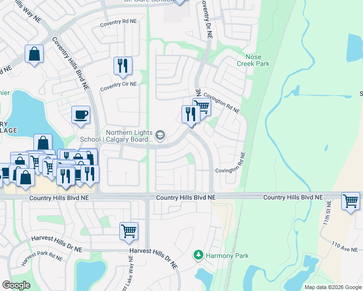 map of restaurants, bars, coffee shops, grocery stores, and more near 747 Coventry Drive Northeast in Calgary