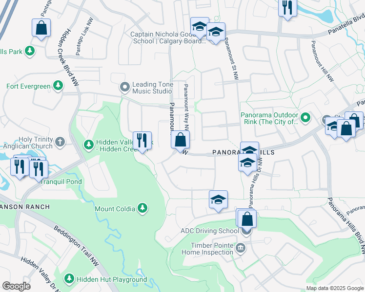 map of restaurants, bars, coffee shops, grocery stores, and more near 112 Panamount Way Northwest in Calgary