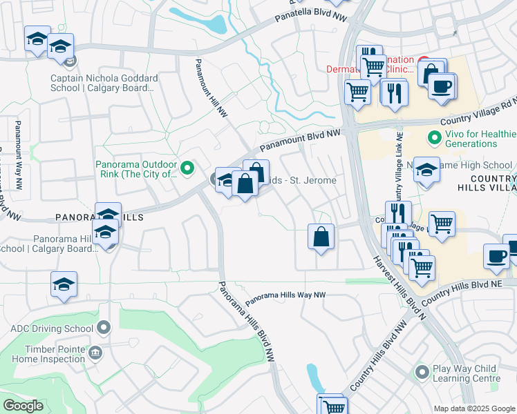 map of restaurants, bars, coffee shops, grocery stores, and more near 246 Panamount Close Northwest in Calgary