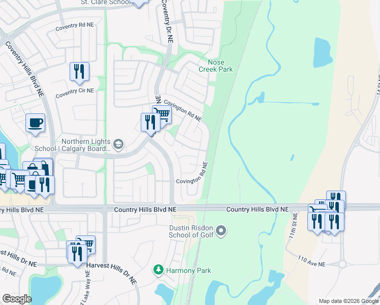 map of restaurants, bars, coffee shops, grocery stores, and more near 36 Covington Rise Northeast in Calgary