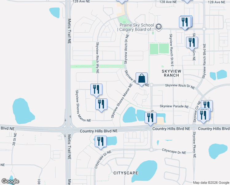 map of restaurants, bars, coffee shops, grocery stores, and more near 31 Skyview Shores Court in Calgary