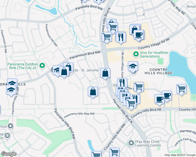 map of restaurants, bars, coffee shops, grocery stores, and more near 90 Panamount Drive Northwest in Calgary