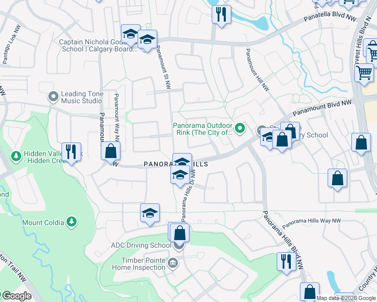 map of restaurants, bars, coffee shops, grocery stores, and more near 212 Panamount Lane Northwest in Calgary