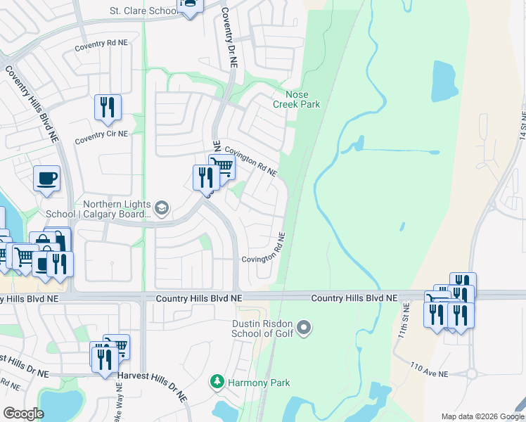 map of restaurants, bars, coffee shops, grocery stores, and more near 36 Covington Rise Northeast in Calgary