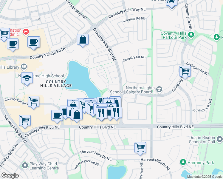 map of restaurants, bars, coffee shops, grocery stores, and more near 14 Country Village Landng Northeast in Calgary