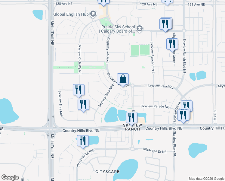 map of restaurants, bars, coffee shops, grocery stores, and more near 32 Skyview Shores Manor Northeast in Calgary