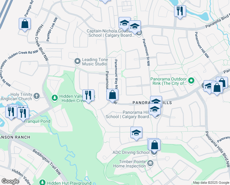 map of restaurants, bars, coffee shops, grocery stores, and more near 112 Panamount Way Northwest in Calgary