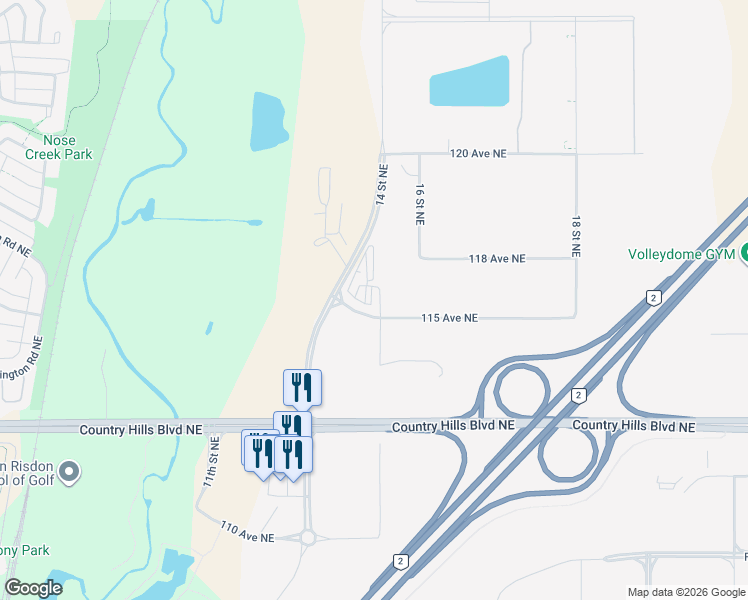 map of restaurants, bars, coffee shops, grocery stores, and more near 11401 15 Street Northeast in Calgary