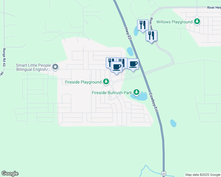 map of restaurants, bars, coffee shops, grocery stores, and more near 81 Fireside Landing in Cochrane