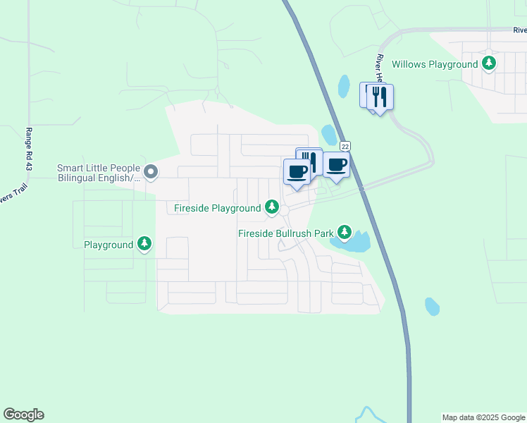 map of restaurants, bars, coffee shops, grocery stores, and more near 51 Fireside Burrow in Cochrane