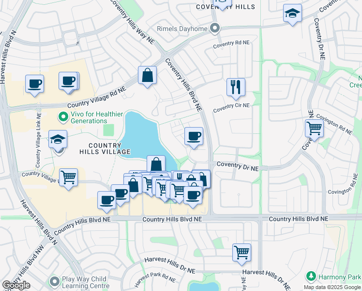 map of restaurants, bars, coffee shops, grocery stores, and more near 505 Country Village Cape Northeast in Calgary