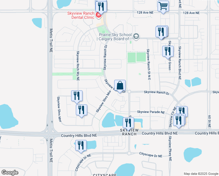 map of restaurants, bars, coffee shops, grocery stores, and more near 355 Skyview Ranch Drive in Calgary