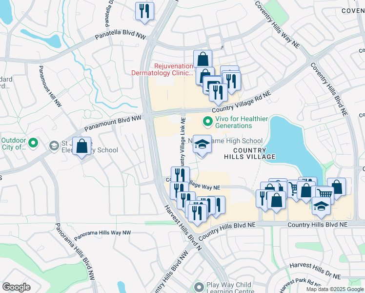 map of restaurants, bars, coffee shops, grocery stores, and more near Country Village Link Northeast in Calgary
