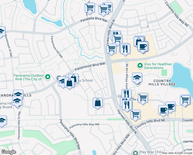 map of restaurants, bars, coffee shops, grocery stores, and more near 70 Panamount Drive Northwest in Calgary