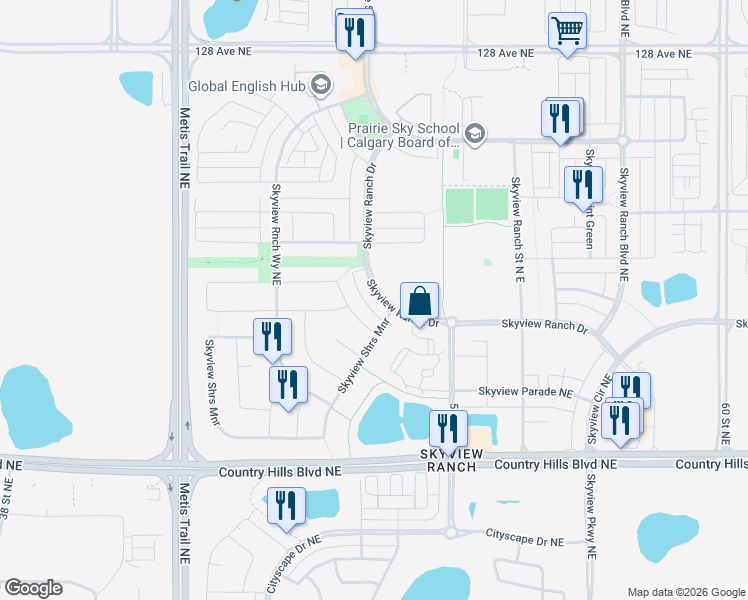 map of restaurants, bars, coffee shops, grocery stores, and more near 84 Skyview Shores Gardens Northeast in Calgary