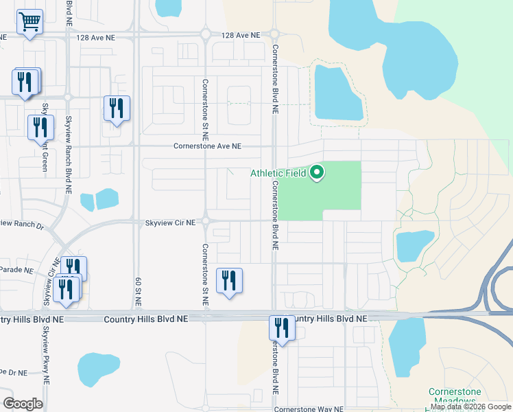 map of restaurants, bars, coffee shops, grocery stores, and more near 1407 Cornerstone Boulevard Northeast in Calgary