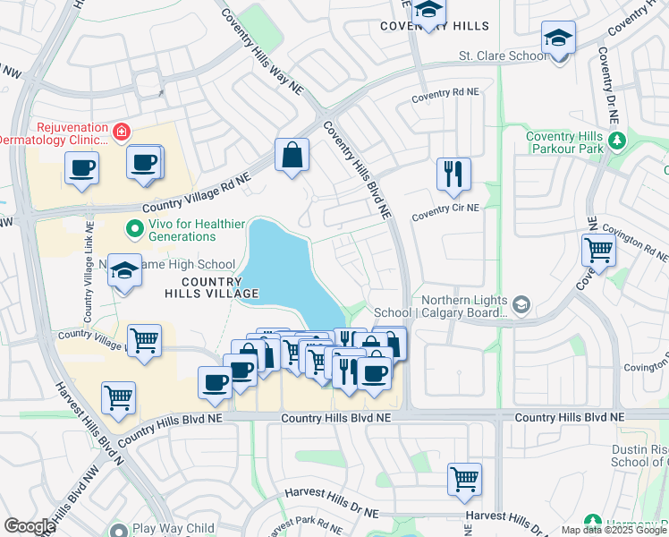 map of restaurants, bars, coffee shops, grocery stores, and more near 120 Country Village Circle Northeast in Calgary
