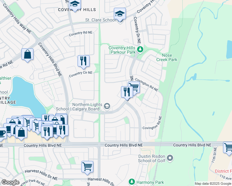 map of restaurants, bars, coffee shops, grocery stores, and more near 39 Coverdale Place Northeast in Calgary