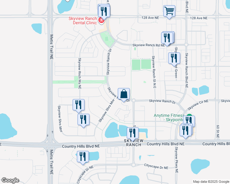 map of restaurants, bars, coffee shops, grocery stores, and more near 302 Skyview Ranch Drive in Calgary
