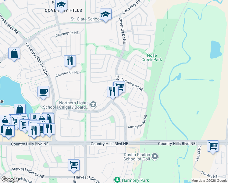 map of restaurants, bars, coffee shops, grocery stores, and more near 811 Coventry Drive Northeast in Calgary