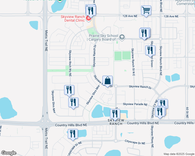 map of restaurants, bars, coffee shops, grocery stores, and more near 240 Skyview Ranch Drive in Calgary