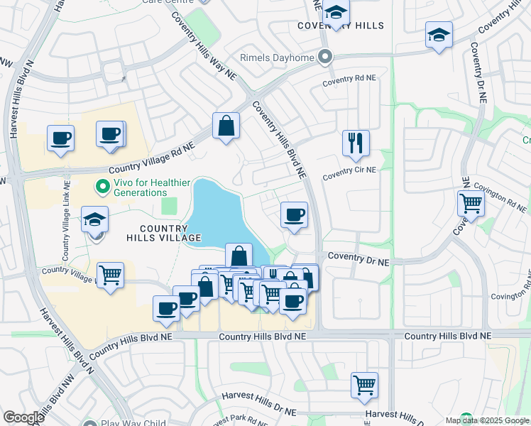 map of restaurants, bars, coffee shops, grocery stores, and more near 602 Country Village Cape Northeast in Calgary