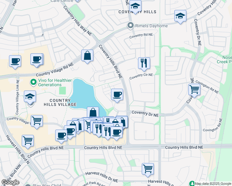 map of restaurants, bars, coffee shops, grocery stores, and more near Country Village Circle Northeast in Calgary