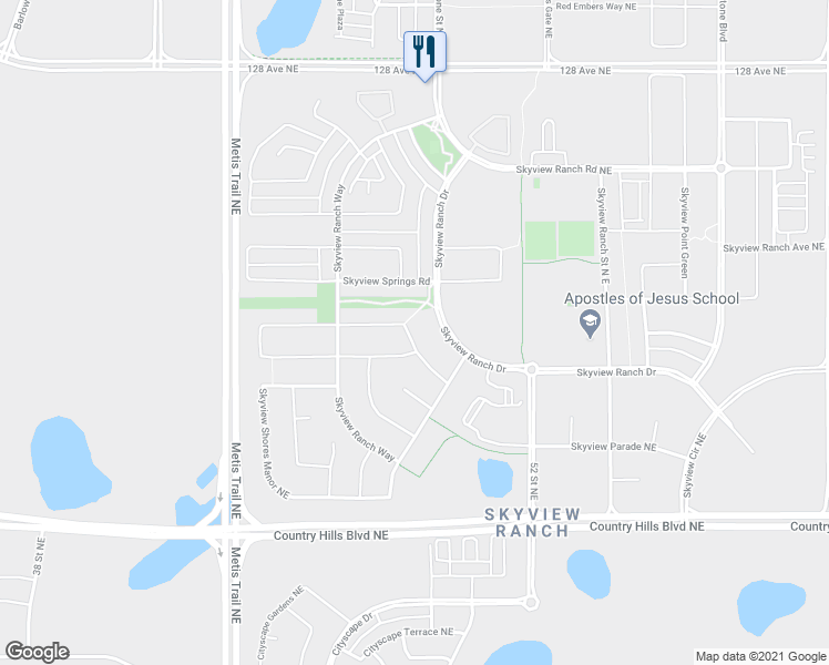 map of restaurants, bars, coffee shops, grocery stores, and more near 84 Skyview Shores Gardens Northeast in Calgary