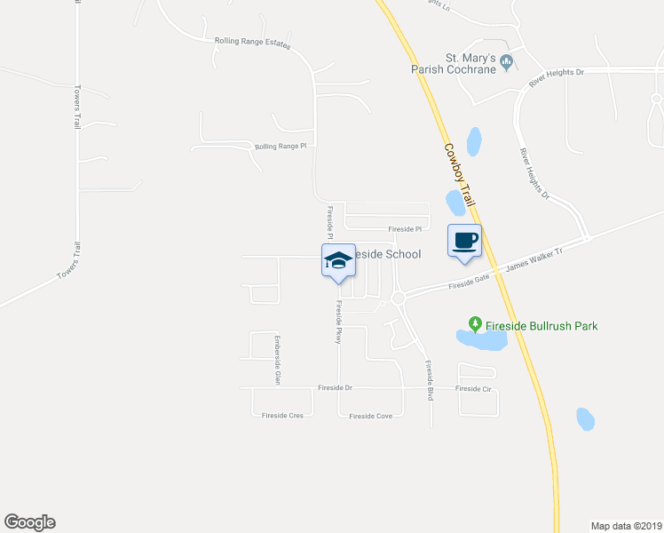map of restaurants, bars, coffee shops, grocery stores, and more near 12 Fireside Parkway in Cochrane
