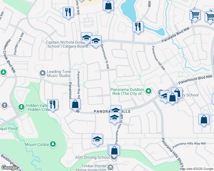 map of restaurants, bars, coffee shops, grocery stores, and more near 83 Panamount Street Northwest in Calgary