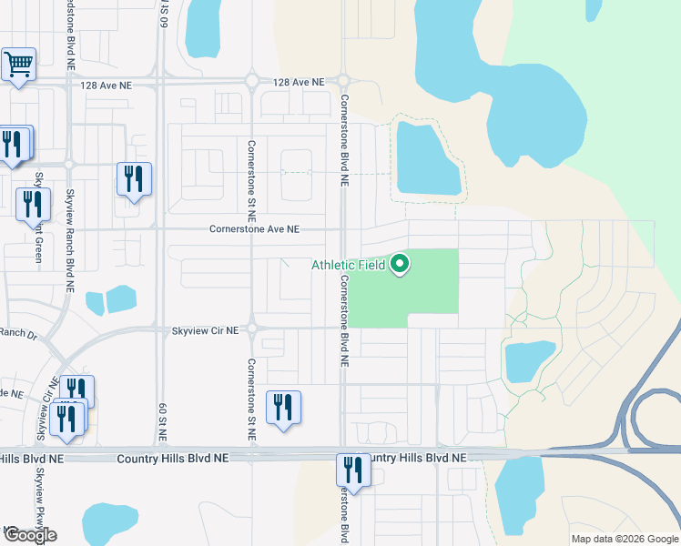 map of restaurants, bars, coffee shops, grocery stores, and more near Cornerstone Boulevard Northeast in Calgary