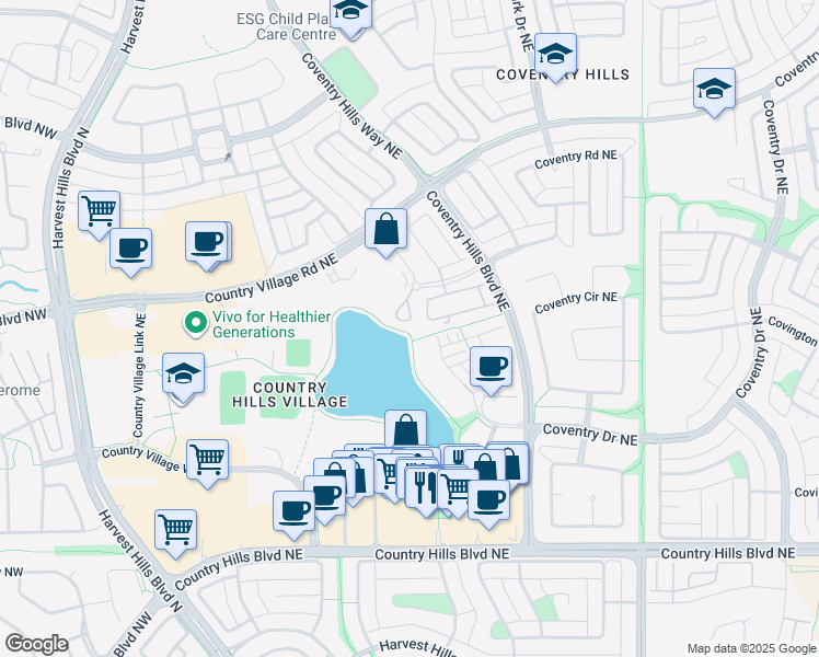 map of restaurants, bars, coffee shops, grocery stores, and more near 108 Country Village Road Northeast in Calgary