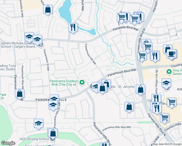 map of restaurants, bars, coffee shops, grocery stores, and more near 161 Panamount Court Northwest in Calgary