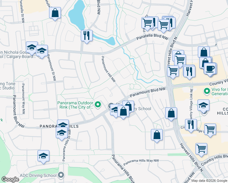 map of restaurants, bars, coffee shops, grocery stores, and more near 105 Panamount Court Northwest in Calgary